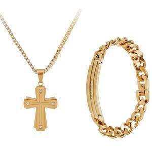 AMERICAN EXCHANGE Mens Goldtone Plated Diamond Cross Necklace & Bracelet 0.1 ctw